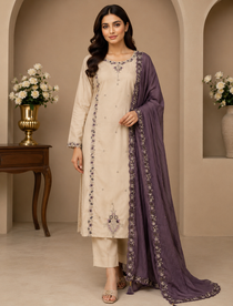 Cream Embroidered Roman Silk Kurta Pant Dupatta Set with Sequin Work