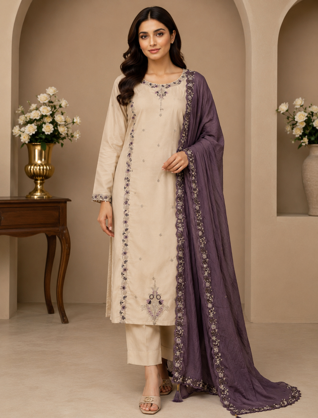 Cream Color Roman Silk Embroidered Suit Set
