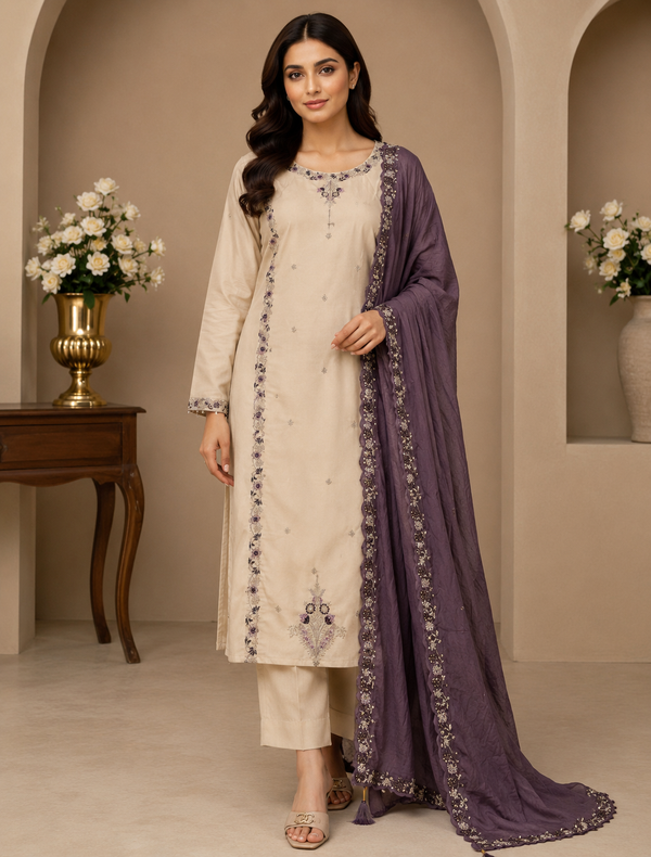 Cream Color Roman Silk Embroidered Suit Set