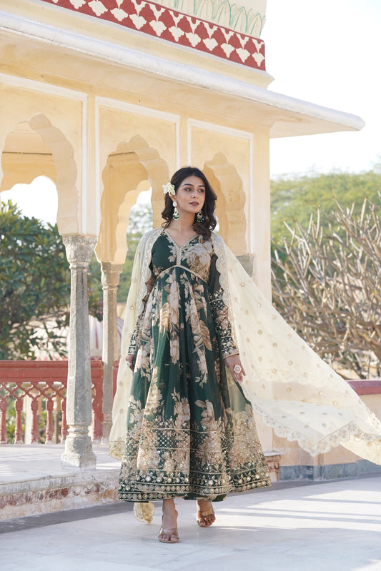 Delightful Digital Printed Green Color Anarkali Gown KA-1086