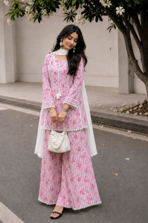 Pink Floral Printed Natural Crepe Farshi Pant Suit Set