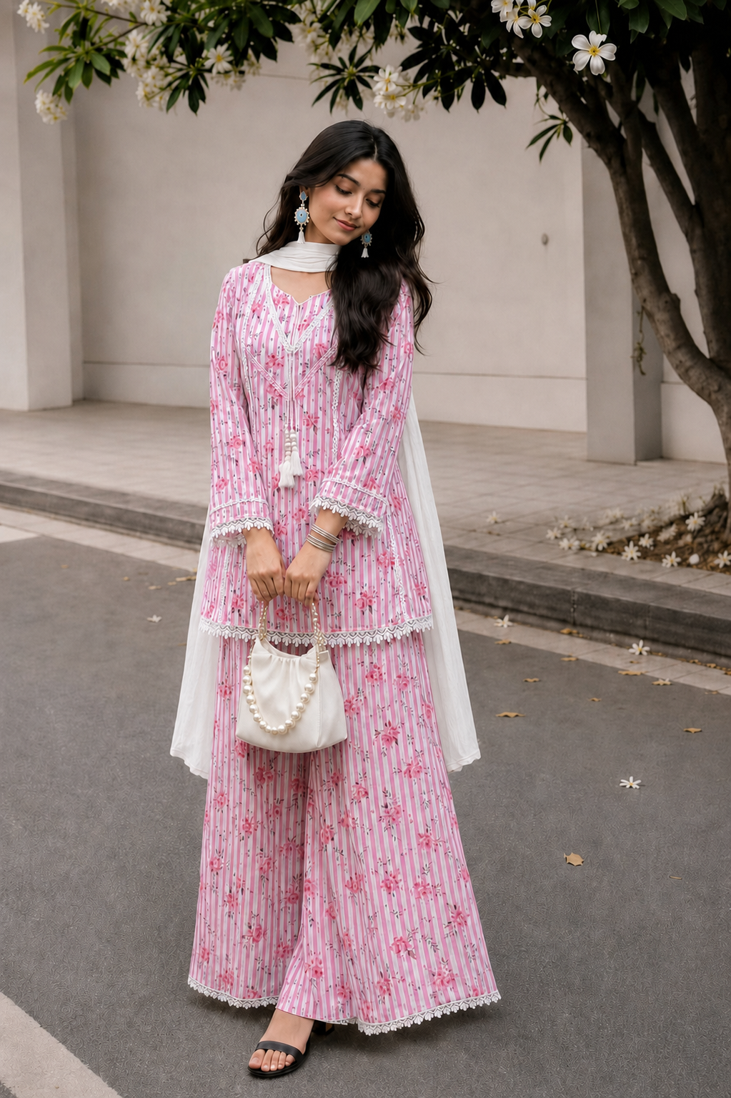 Pink Floral Printed Natural Crepe Farshi Pant Suit Set