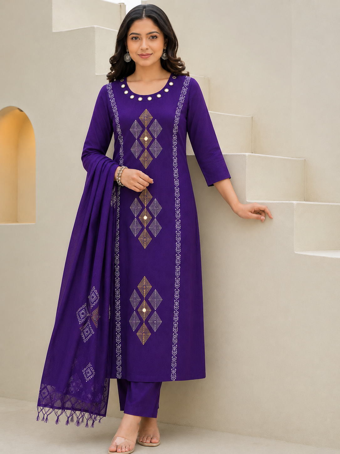 Purple Pure Cotton Mirror Work Kurta Pant Dupatta Set