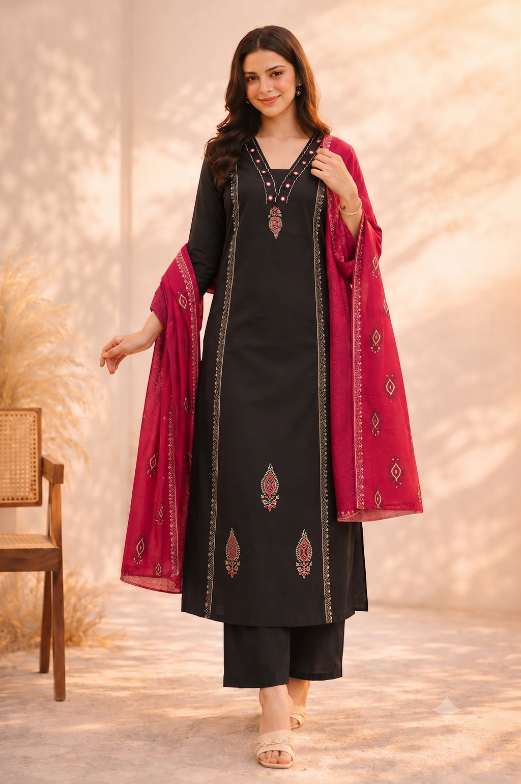 Black Cotton Mirror Work A-Line Kurta Pant Set with Magenta Printed Dupatta