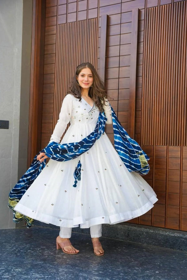 White Roman Cotton Fabric Readymade Anarkali Suit TD-6068