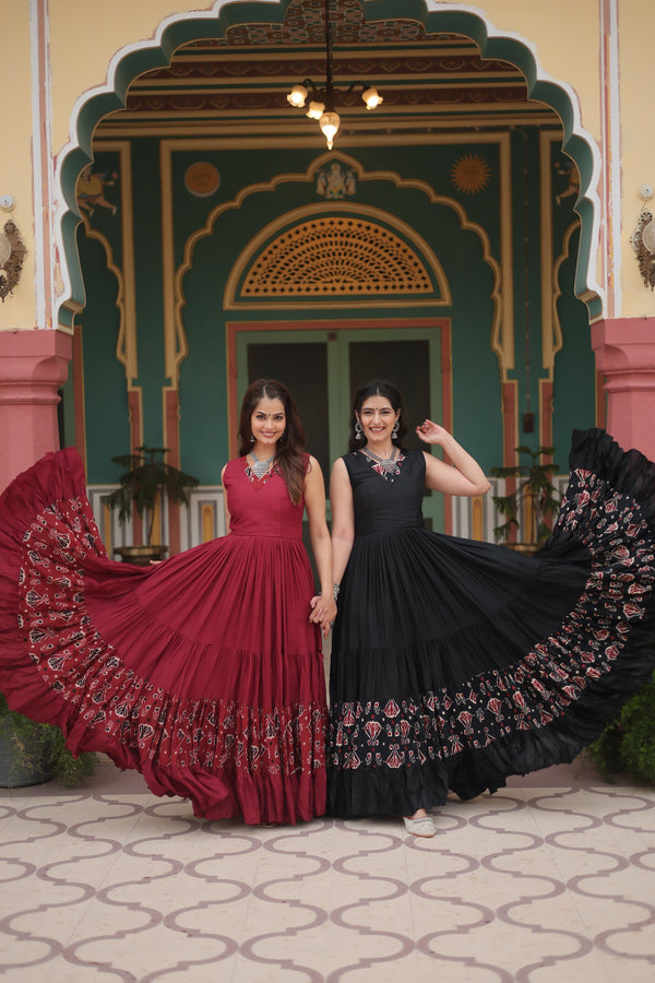 Festive Wear Reyon Printed Maroon & Black Color Gown LW-9192