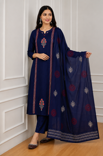 Pure Cotton Navy Blue Mirror Work Suit Set