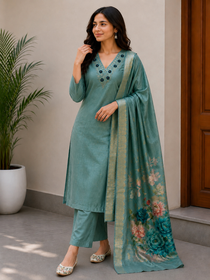 C-Green Roman Silk Hand Work Kurta Pant Dupatta Set