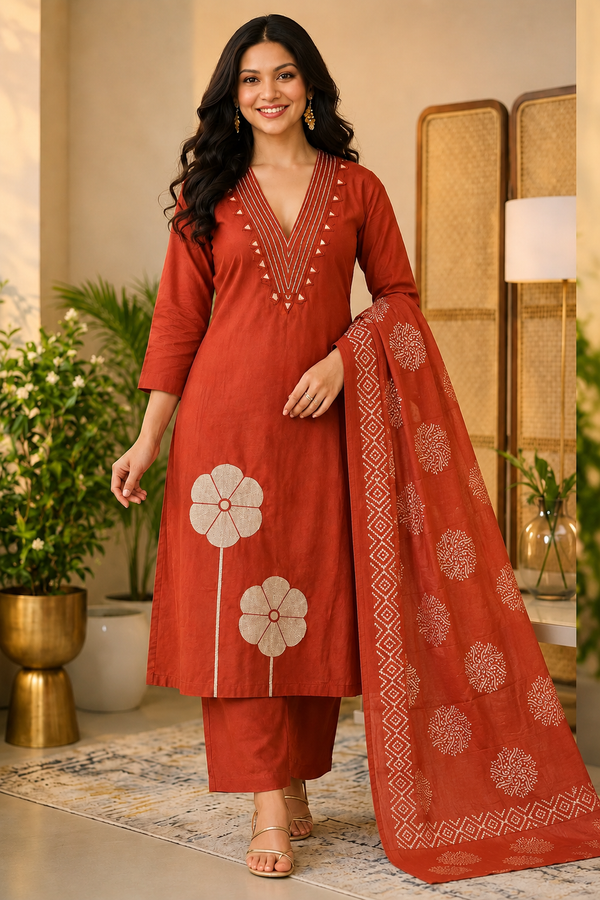 Pure Cotton Embroidered Mirror Work Suit Set