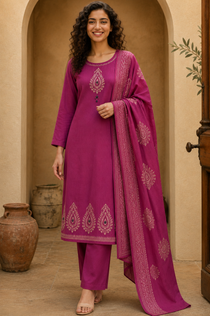 Rouge Pure Cotton Mirror Work A-Line Kurta Pant Set with Printed Dupatta