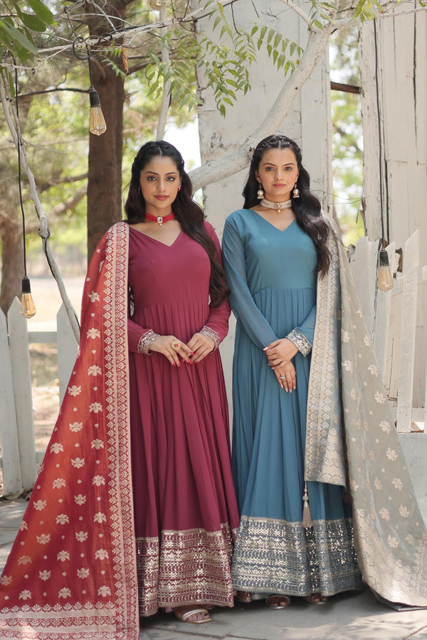 Fashionable Georgette Pink & Sky Blue Color Gown LW-9184