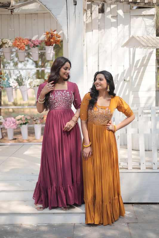 Fancy Square Neck Pink And Orange Color Georgette Gown KA-1109