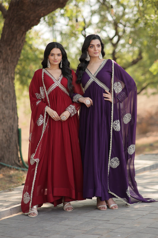 Classic Embroidery Work Maroon And Purple Color Gown KA-1107