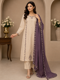 Cream Embroidered Roman Silk Kurta Pant Dupatta Set