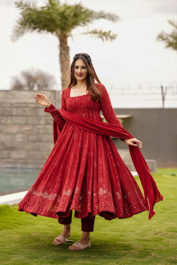 Function Wear Red, Black & Yellow Color Heavy Work Anarkali Gown TD-101