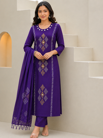 Purple Pure Cotton Mirror Work Kurta Pant Dupatta Set with Hand Block Print Dupatta