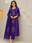 Purple Pure Cotton Mirror Work Kurta Pant Dupatta Set with Hand Block Print Dupatta