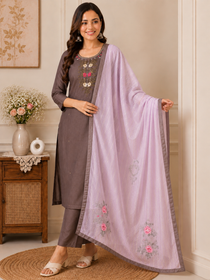 Brown Blossom Embroidered Kurta Set