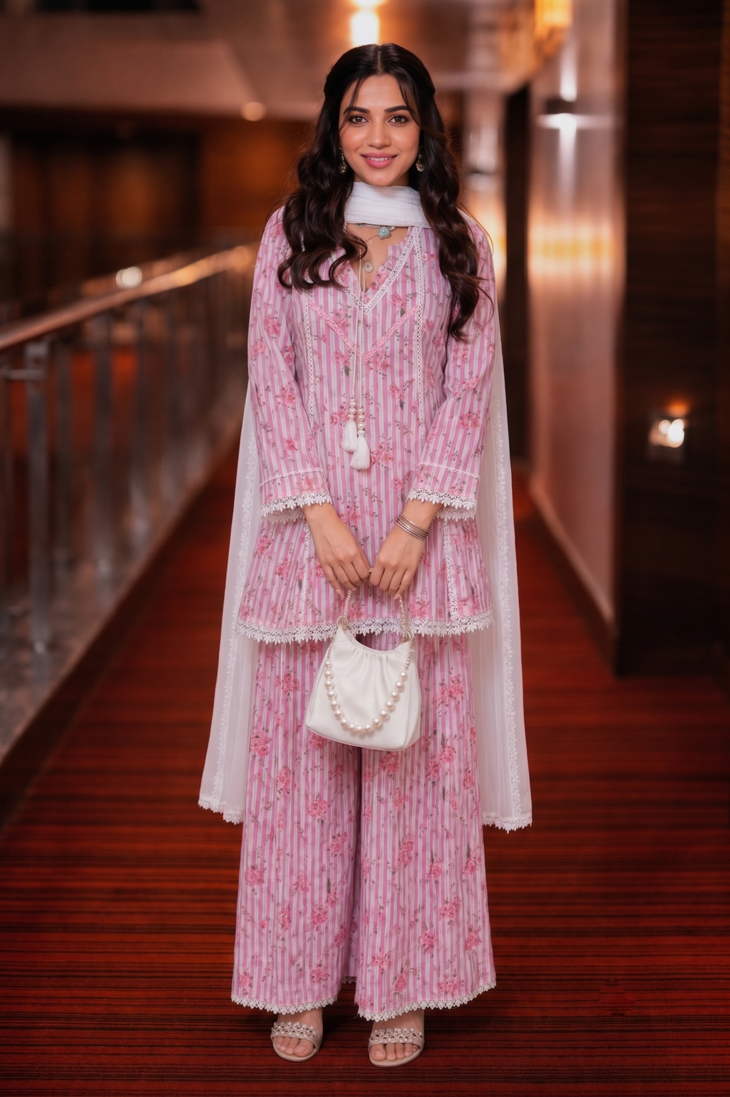 Pink Floral Printed Natural Crepe Farshi Pant Suit Set with Nazmin Dupatta