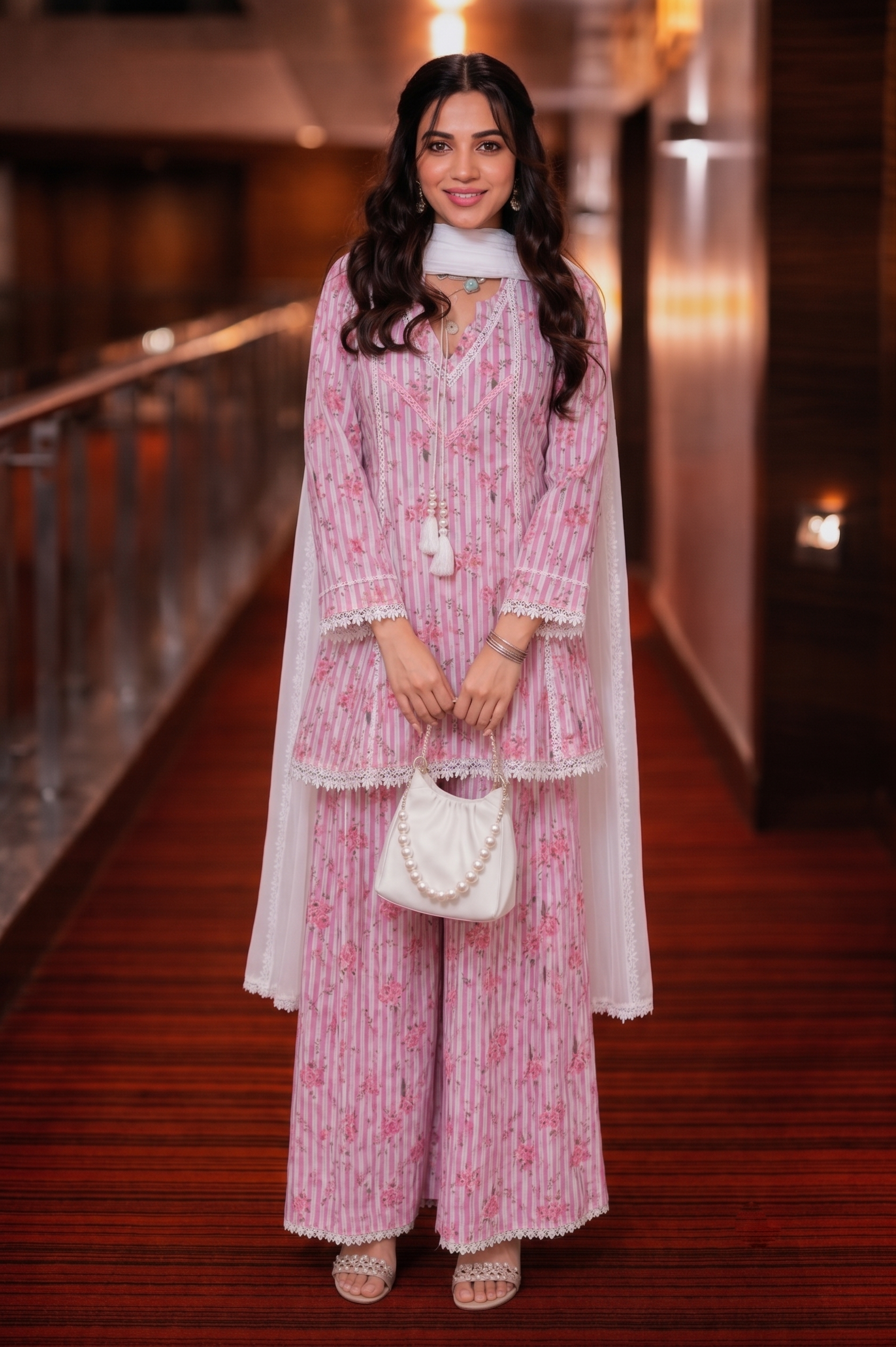 Pink Floral Printed Natural Crepe Farshi Pant Suit Set with Nazmin Dupatta