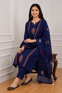 Pure Cotton Navy Blue Mirror Work Suit Set