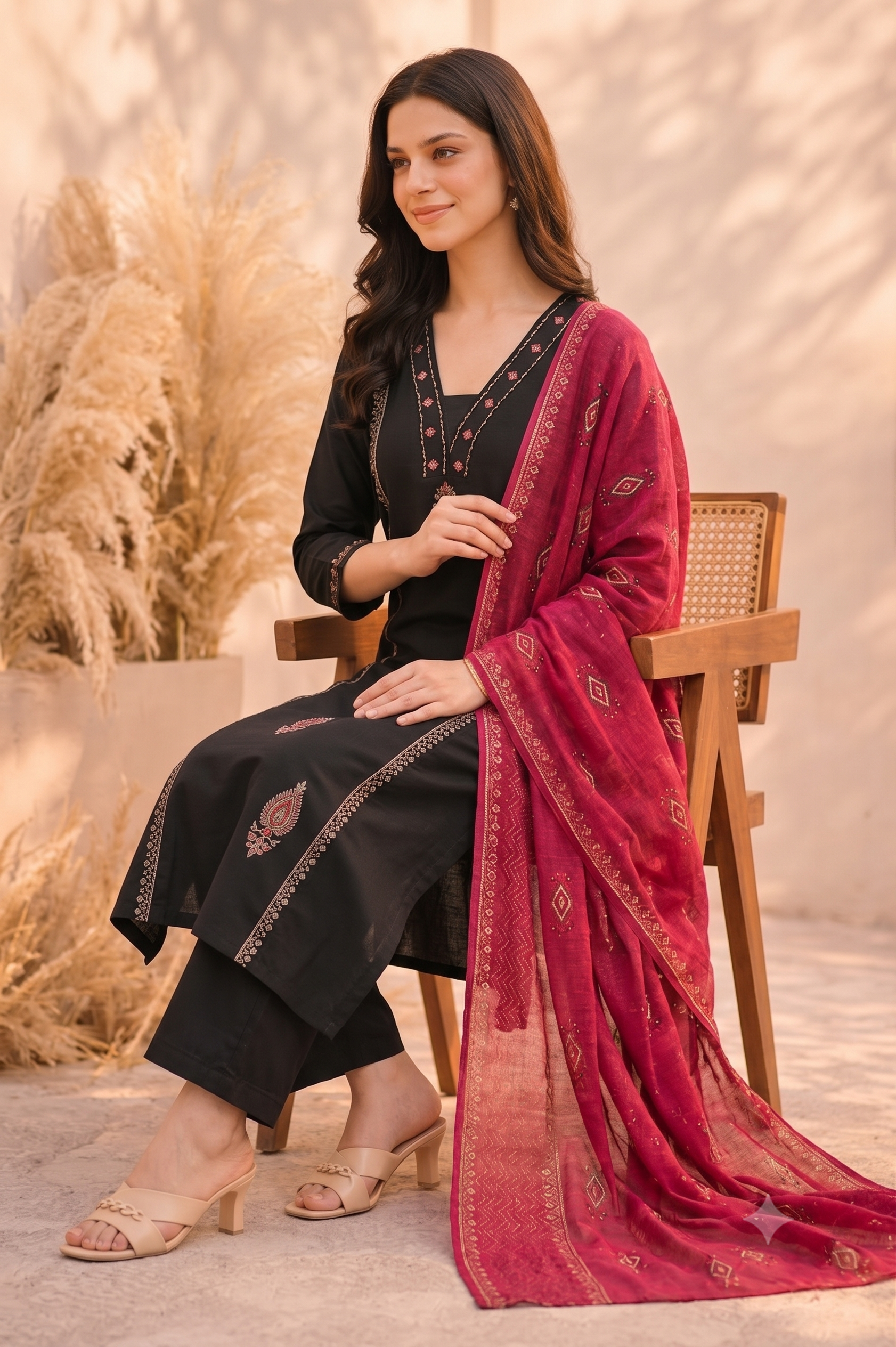Black Cotton Mirror Work A-Line Kurta Pant Dupatta Set Secondary image