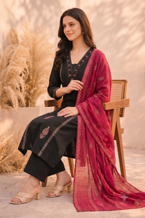 Black Cotton Mirror Work A-Line Kurta Pant Dupatta Set