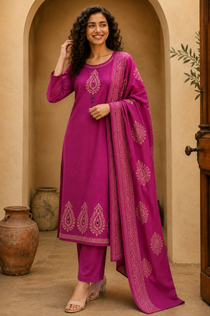 Rani Pink Color Pure Cotton Mirror Work Suit Set