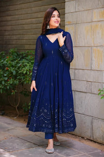 Navy Blue Georgette Embroidered Anarkali Suit Set with Dupatta