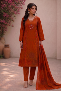 Orange Hand Block Print Kurta Set