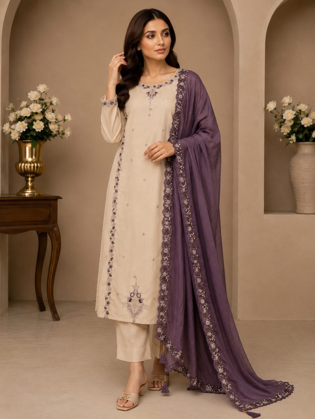 Cream Color Roman Silk Embroidered Suit Set Secondary image