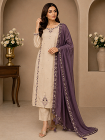 Cream Embroidered Roman Silk Kurta Pant Dupatta Set