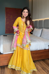 Yellow Faux Blooming Embroidered Sharara Suit Set