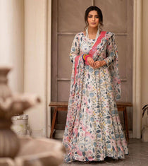Off White Floral Print Kali Cut Anarkali with Embroidered Dupatta