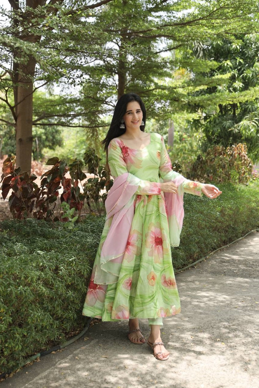Pista Hand Print Muslin Anarkali Suit Set with Printed Dupatta