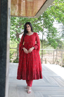 Maroon Georgette Sequin Embroidered Anarkali Suit Set with Dupatta