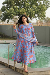 Sky Faux Georgette Floral Digital Print Anarkali Suit Set with Dupatta