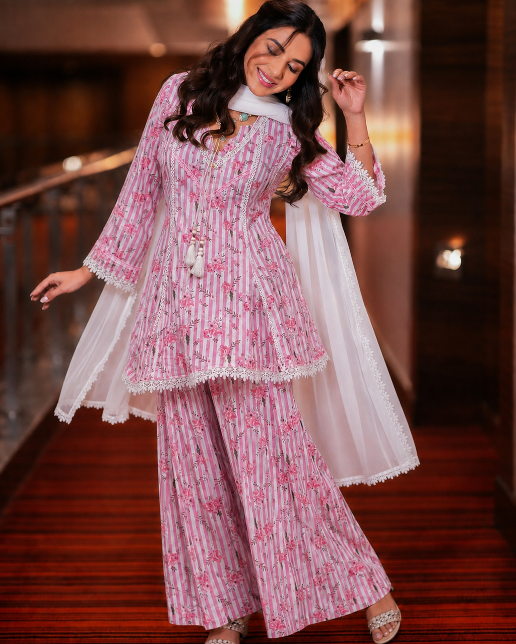 Pink Floral Printed Natural Crepe Farshi Pant Suit Set