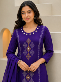 Purple Pure Cotton Mirror Work Kurta Pant Dupatta Set