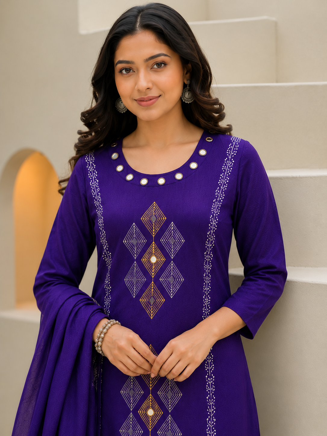Purple Pure Cotton Mirror Work Kurta Pant Dupatta Set