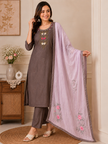 Brown Blossom Embroidered Kurta Set