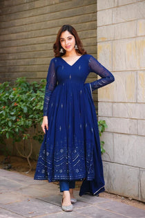 Navy Blue Georgette Embroidered Anarkali Suit Set