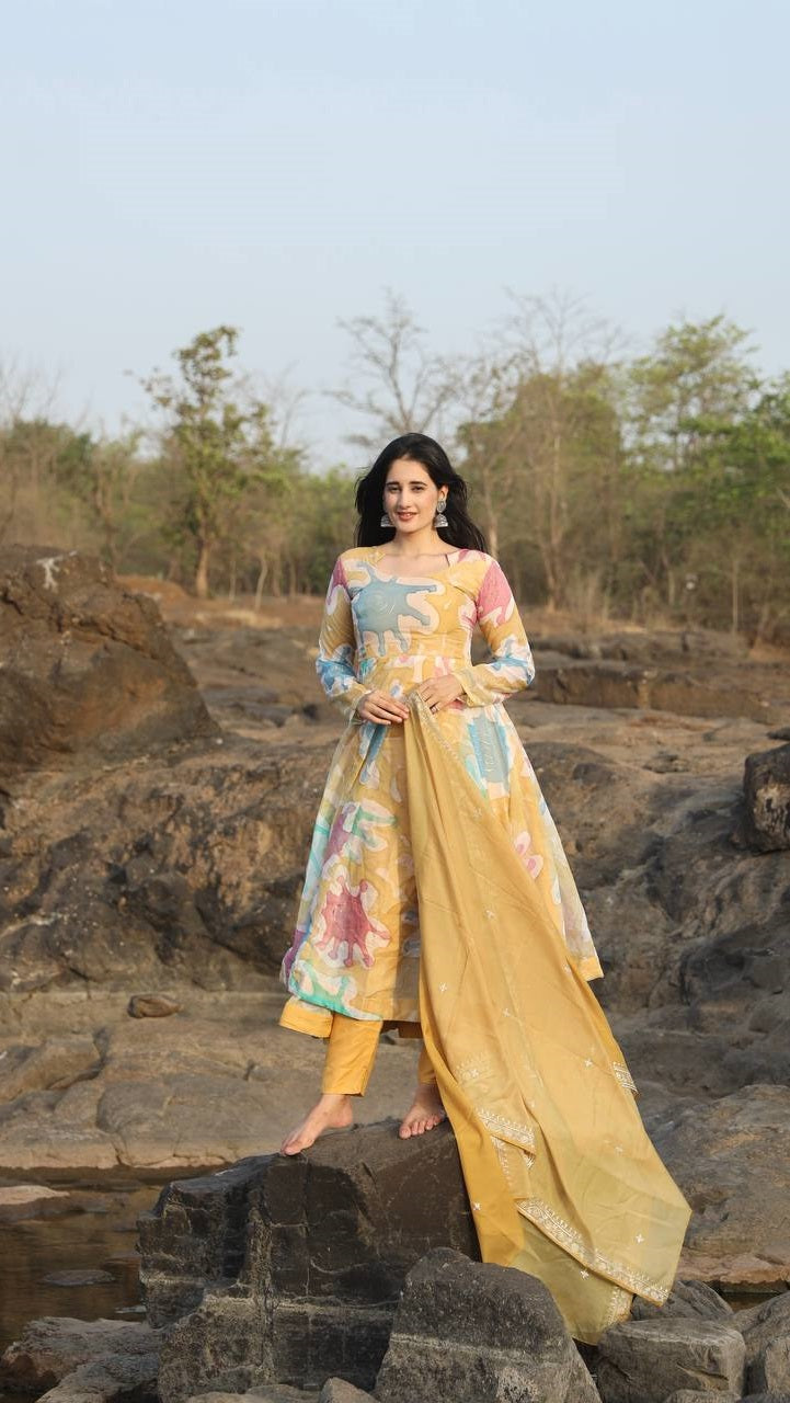 Awesome Multi Color Hand Print Embroidery Anarkali Suit Set Main image