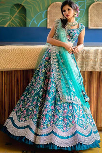 Aqua Malay Satin Embroidered Lehenga Choli with Soft Net Dupatta