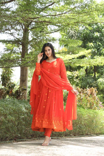 Orange Georgette Zari Embroidered Anarkali Suit Set with Dupatta