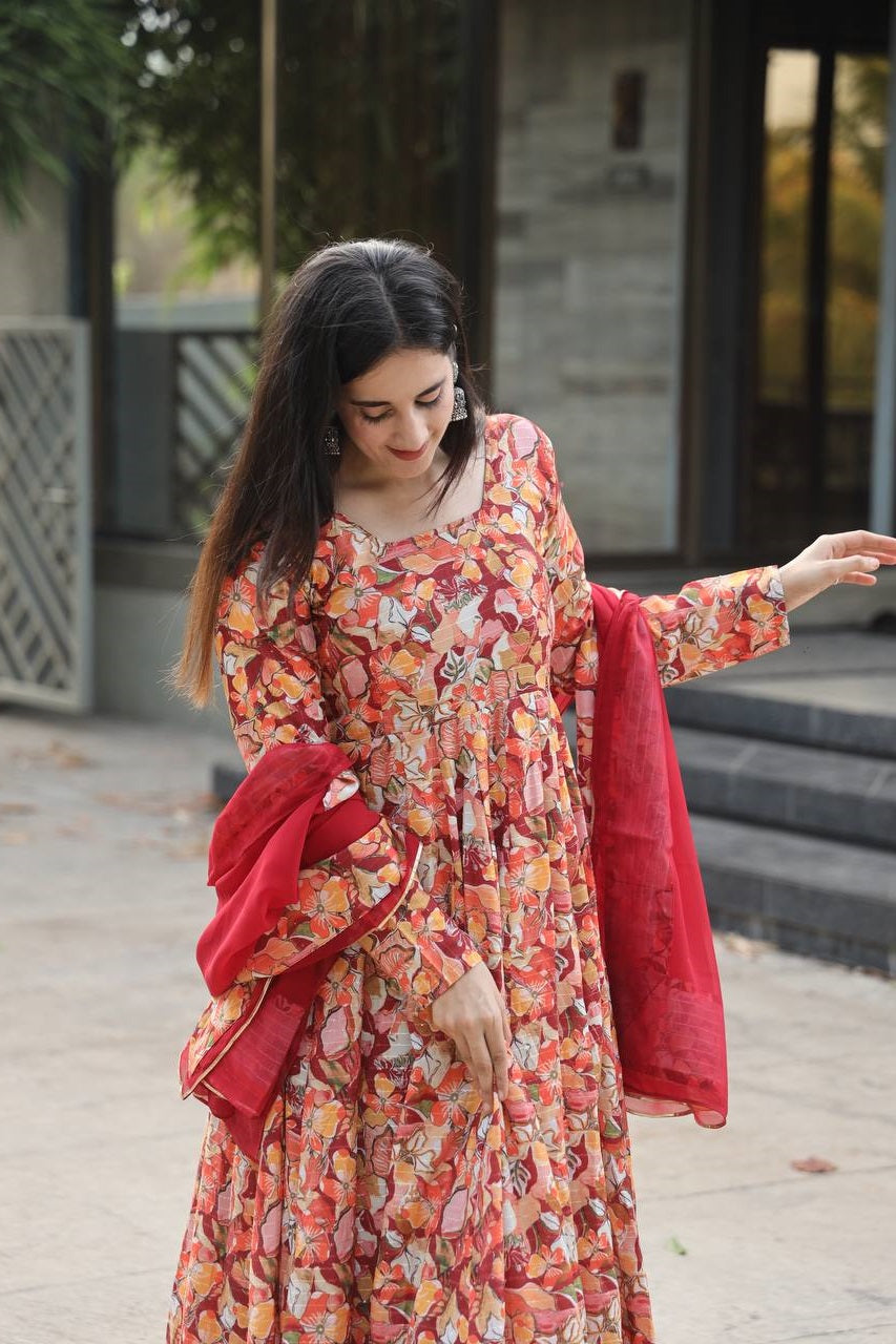 Multicolor Muslin Digital Print Kali Cut Anarkali Suit Set Secondary image