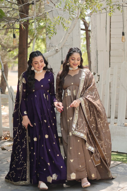 Admiring Vichitra Embroidered Work Purple & Beige Color Gown LW-9183