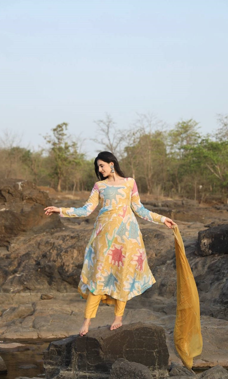 Awesome Multi Color Hand Print Embroidery Anarkali Suit Set Secondary image