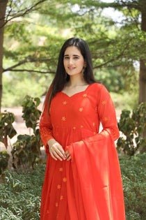 Orange Georgette Zari Embroidered Anarkali Suit Set