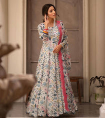 Off White Floral Print Kali Cut Anarkali with Dupatta